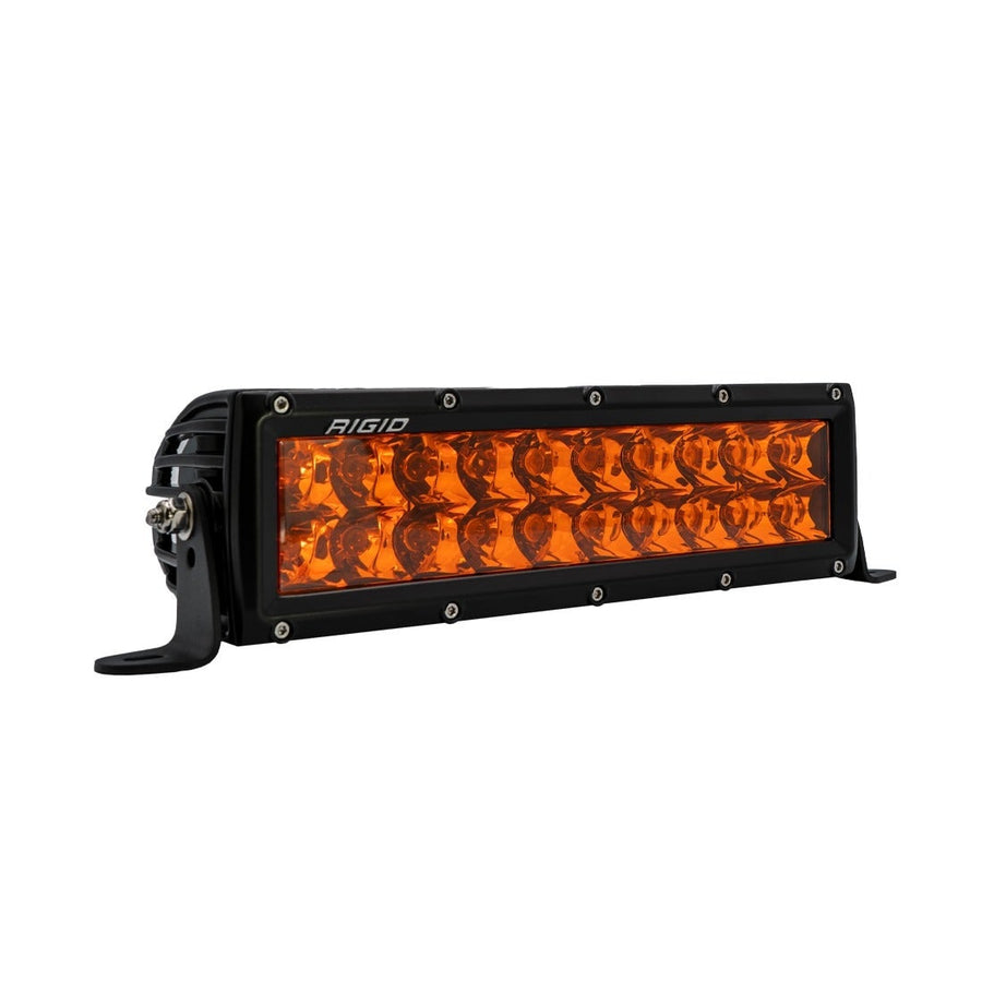 E-Series PRO Light Bars by Rigid: A black 10 inch E-Series PRO light bar with an amber spot lens, angled on a white background.