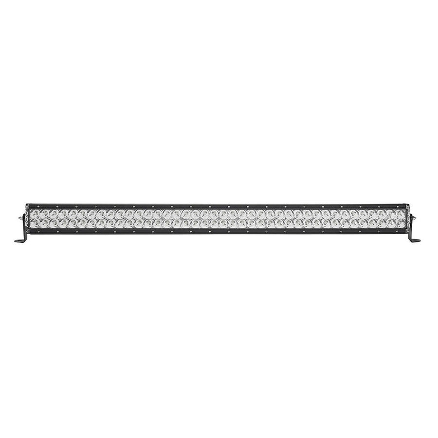 E-Series PRO Light Bars by Rigid: Black 40 inch dual-row E-Series PRO LED light bar with clear lenses and spot optics on end-mount brackets against white.