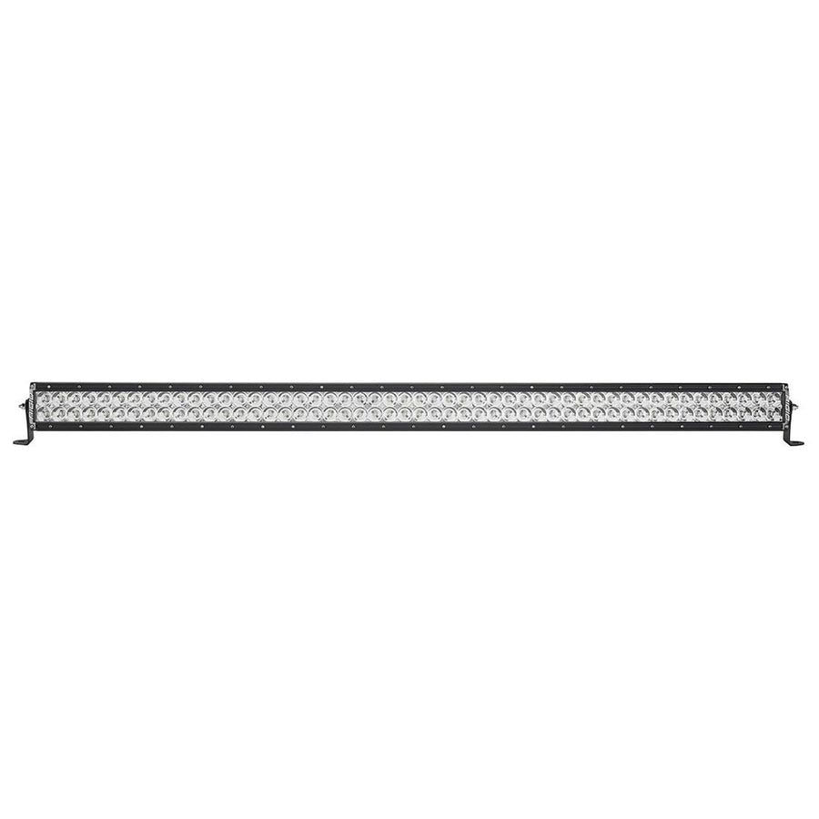E-Series PRO Light Bars by Rigid: Black 50 inch dual-row E-Series PRO LED light bar with clear lenses and spot optics on end-mount brackets against white.