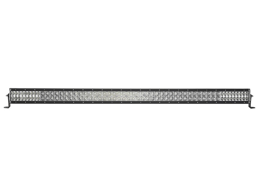 E-Series PRO Light Bars by Rigid: Black 50 inch dual-row E-Series PRO LED light bar with clear lenses and combo optics on end-mount brackets against white.