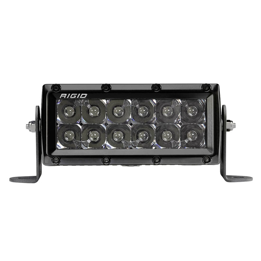 E-Series PRO Light Bars by Rigid: Black 6 inch E-Series PRO LED light with blacked-out midnight optics on side brackets against white.