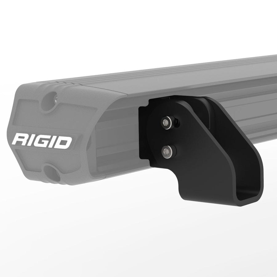 Light Mounts & Hardware by Rigid: Render of a black surface mount bracket bolted to the end of a gray Chase light bar.