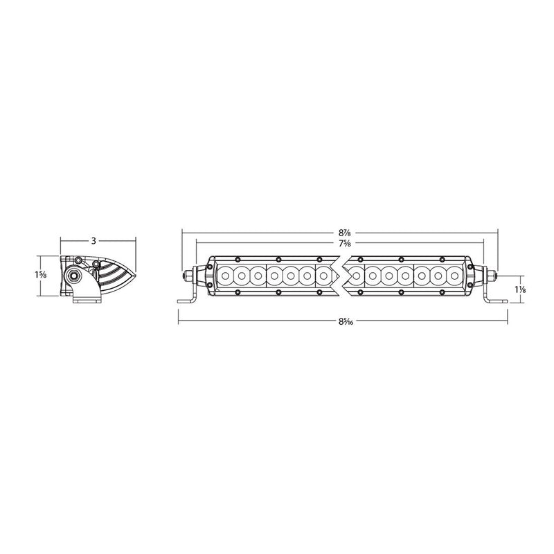 Rigid Selective Yellow SAE Fog Light Kit: line drawing of a short LED fog light bar with front and side dimension callouts