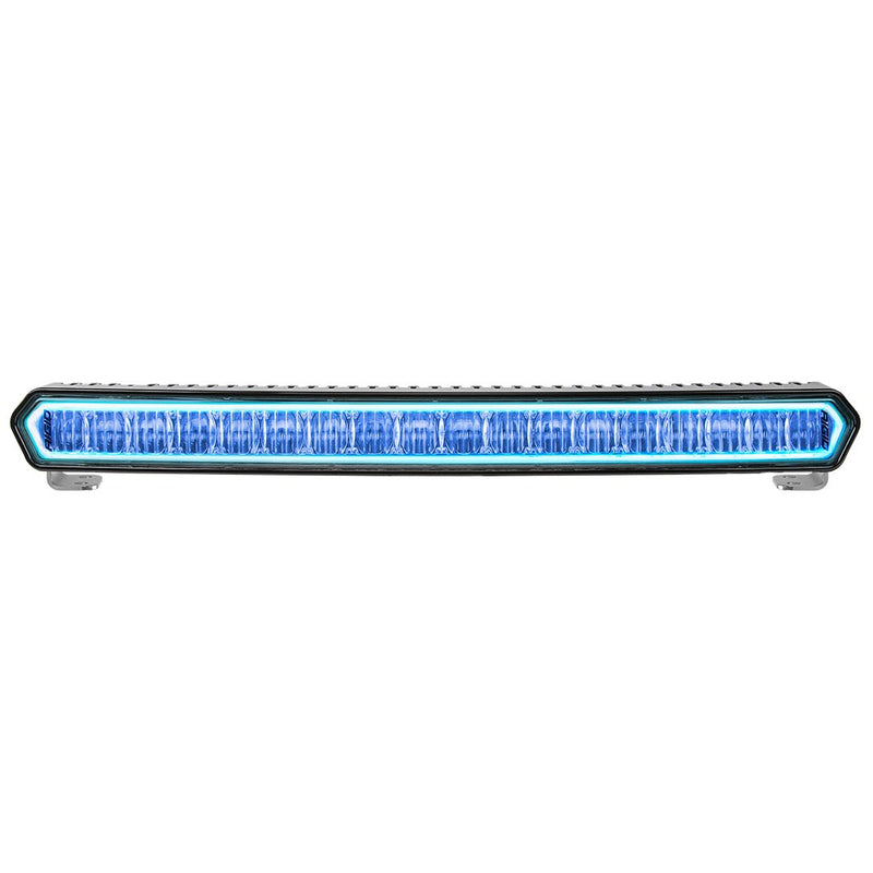 Rigid SR-L Series 20" Bar with Blue Halo: a black-housing 20" single-row LED bar with its halo ring lit blue, front view on white