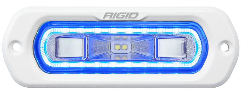Rigid SR-L Series Marine Spreader Flush Mount White with Blue Halo on a studio background: A white flush-mount SR-L spreader light with a lit blue halo on a black backdrop
