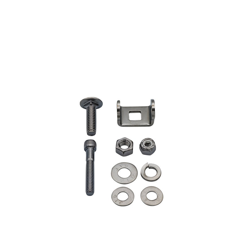Rigid SR-M and SR-Q Light Mounting Hardware Kit, kit contents laid out: SR-M and SR-Q mounting hardware laid out: two bolts, a bracket, nuts and washers