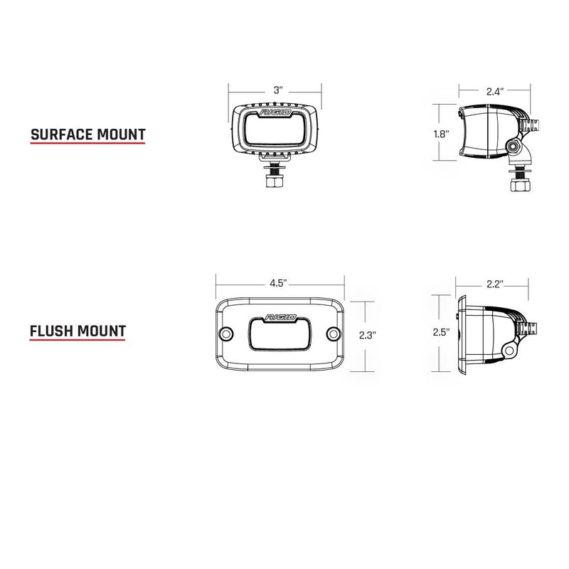 Rigid SR-M Series PRO Flood Diffused Flush Mount: line drawings of SR-M surface mount and flush mount pods with dimension callouts