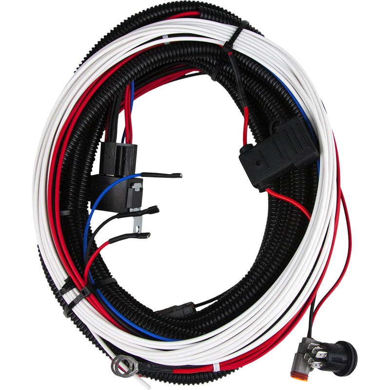 Rigid SR-M & SR-Q Backup Kit Harness on a studio background: A coiled Rigid backup kit wiring harness with red, white and blue leads, relay and connectors on a white background