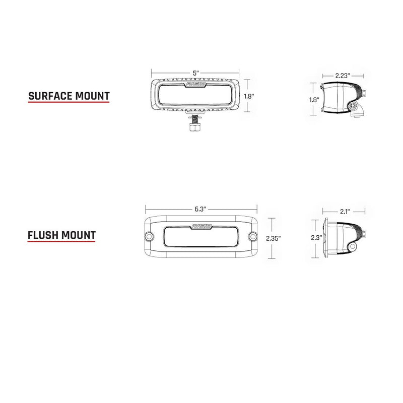 Rigid SR-Q Series PRO Flood Diffused Pod: line drawings give surface mount and flush mount dimensions for the Rigid SR-Q pod