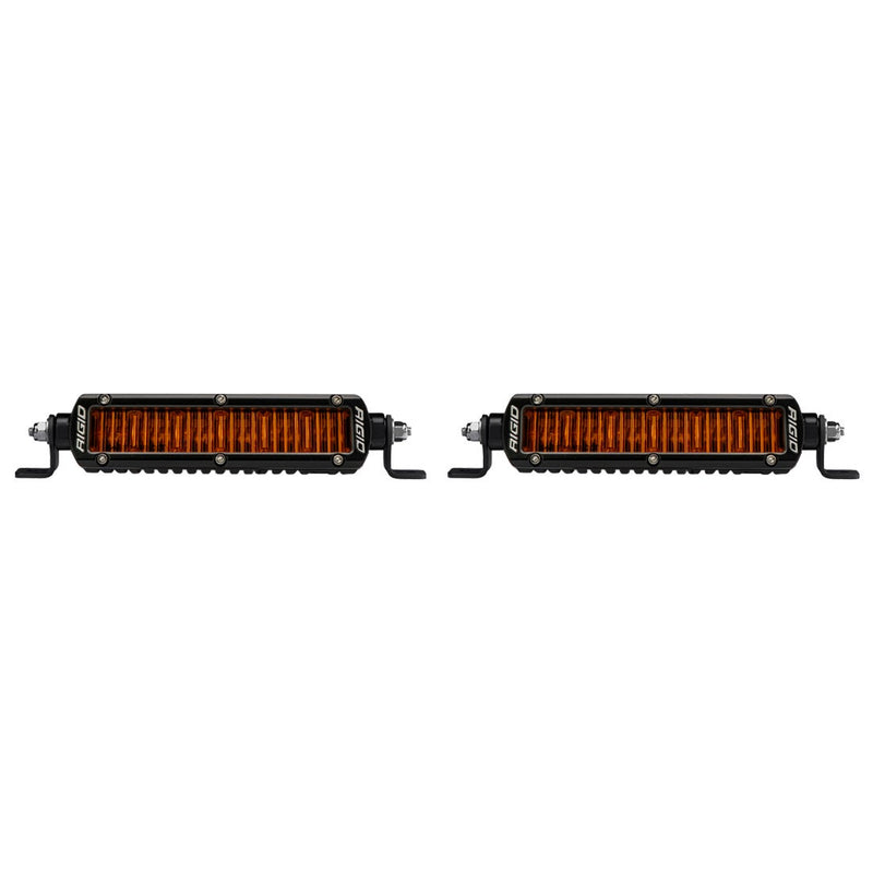 Rigid SR-Series 6" SAE Fog Lights Amber PRO Pair, kit contents laid out: pair of black 6" SR-Series SAE fog lights with amber lenses and mounting feet, front view on white