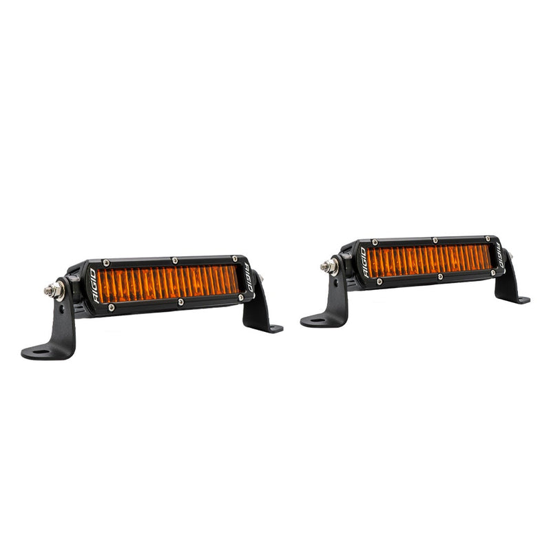 Rigid SR-Series 6" SAE Fog Lights Amber PRO Pair, kit contents laid out: pair of black 6" SR-Series SAE fog lights with amber lenses, angled view on white