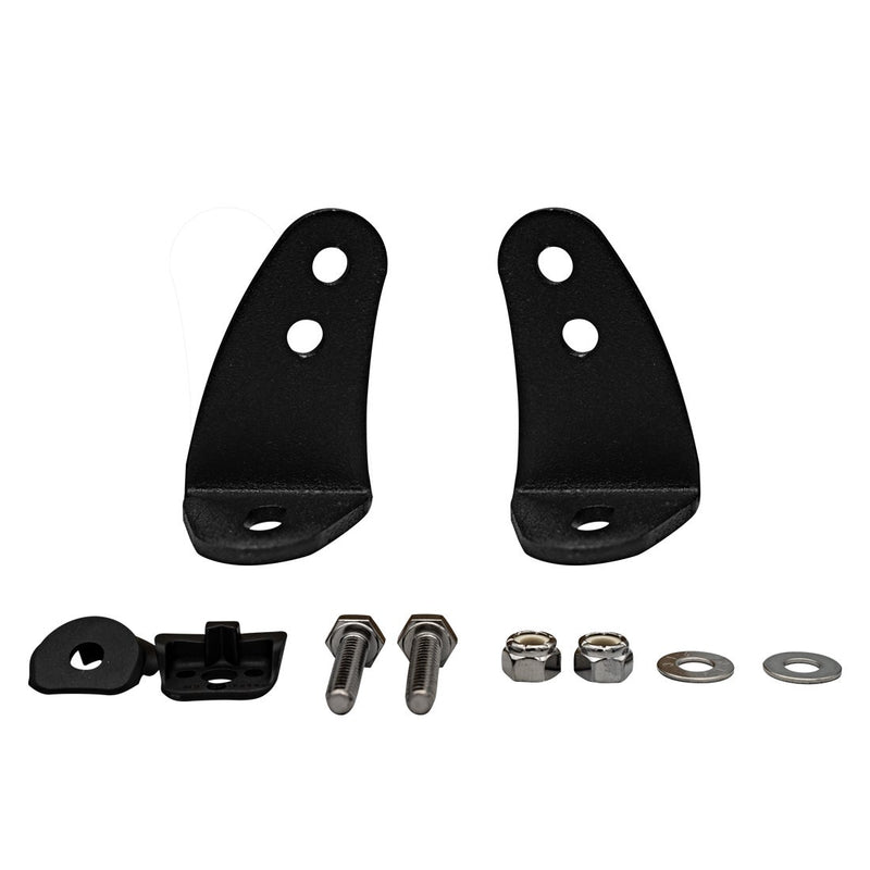 Rigid SR-Series L Bracket Kit, kit contents laid out: A pair of black Rigid L brackets laid out with clamps, bolts, nuts and washers on a white background