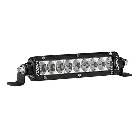 Rigid SR-Series PRO 6" Driving on a studio background: black 6" SR-Series PRO light bar with eight reflector driving optics and side mounting feet, on white