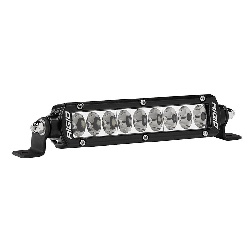 Rigid SR-Series PRO 6" Driving on a studio background: black 6" SR-Series PRO light bar with eight reflector driving optics and side mounting feet, on white