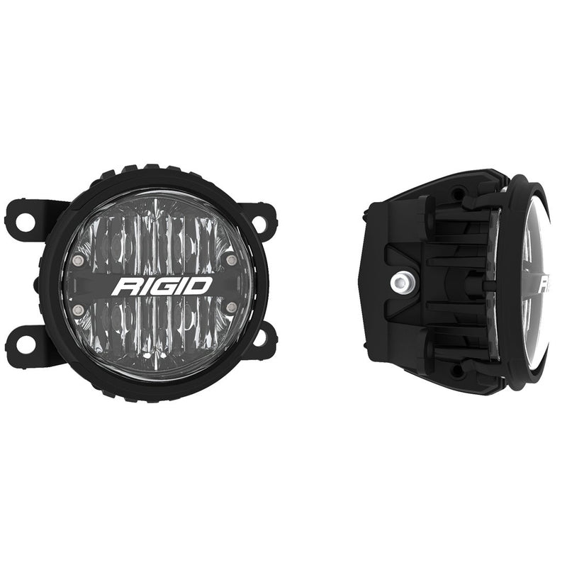 Rigid Standard Bumper 360-Series Fog Light Kit on a studio background: A black round 360-Series fog light shown from the front and the side on white