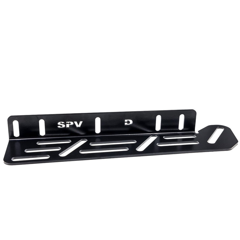 Close-up of the Rigid Triple Fog Light Kit: single black slotted fog bracket with stamped lettering on white