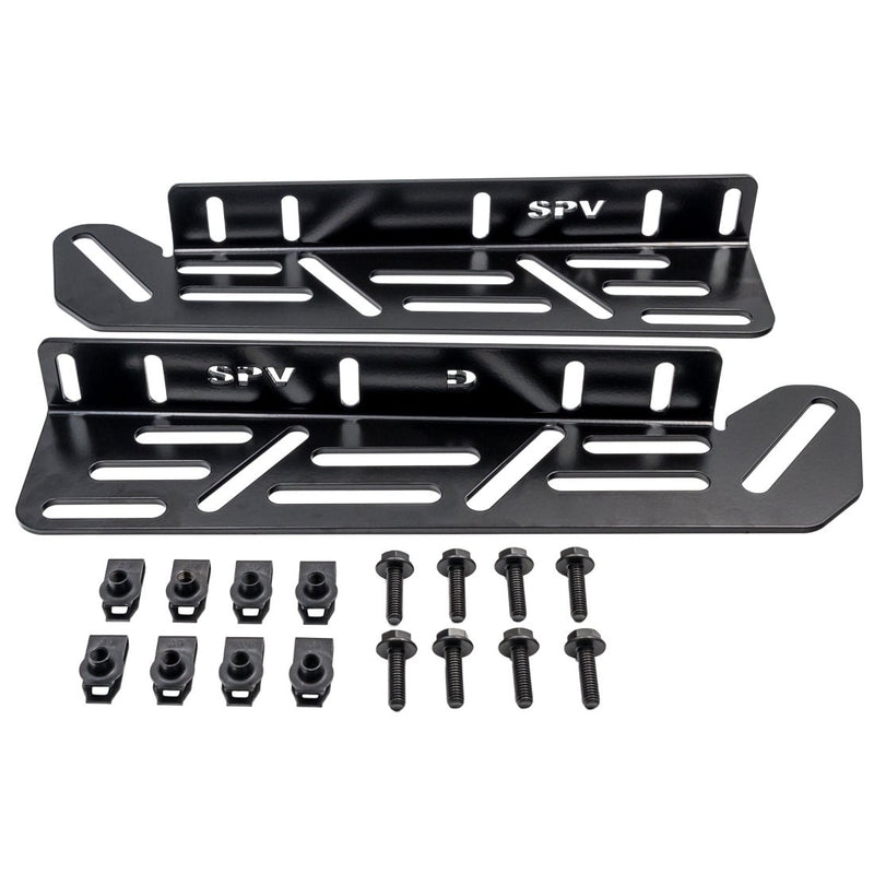 Rigid Triple Fog Light Kit, kit contents laid out: two black slotted fog brackets with eight clip nuts and eight bolts on white