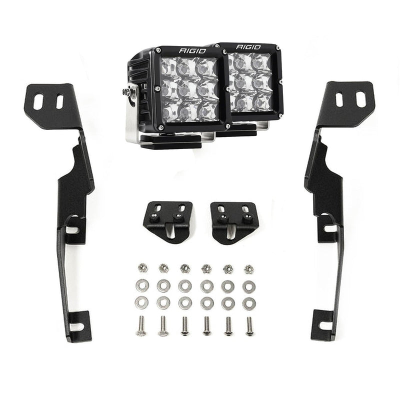 Rigid D-XL Spot A-Pillar Kit: two D-XL cube lights, two black A-pillar brackets, mounting tabs and hardware, on white