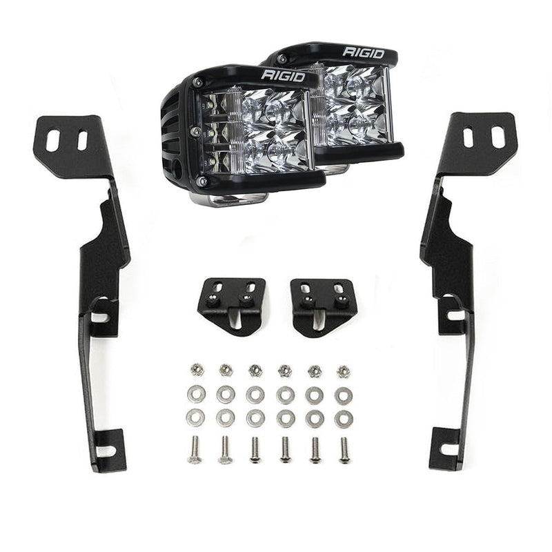 Rigid D-SS Spot A-Pillar Kit: two D-SS side-shooter cube lights, two black A-pillar brackets, mounting tabs and hardware, on white