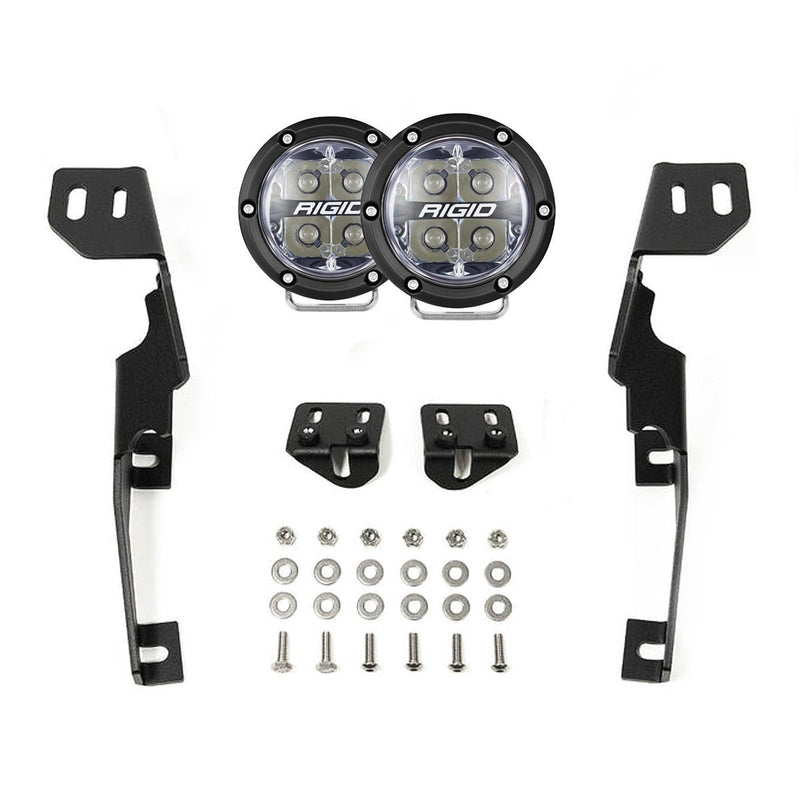 Rigid 360-Series Spot A-Pillar Kit: two round 360-Series spot lights, two black A-pillar brackets, mounting tabs and hardware, on white