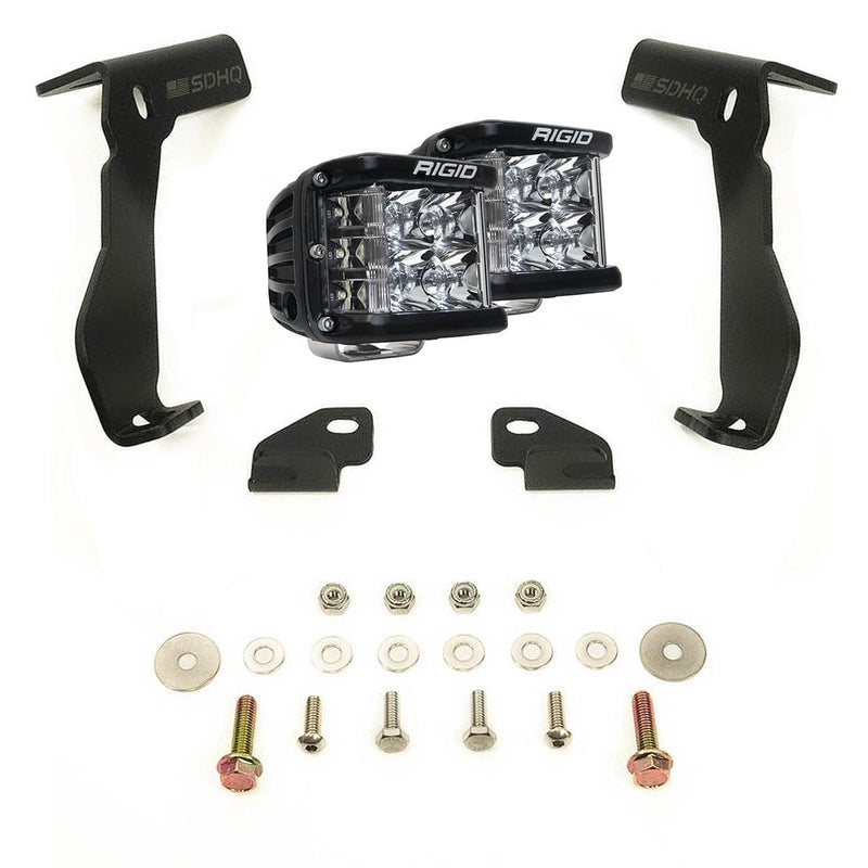 Rigid D-SS Spot A-Pillar Kit: two D-SS side-shooter cube lights, two black A-pillar brackets, mounting tabs and hardware, on white