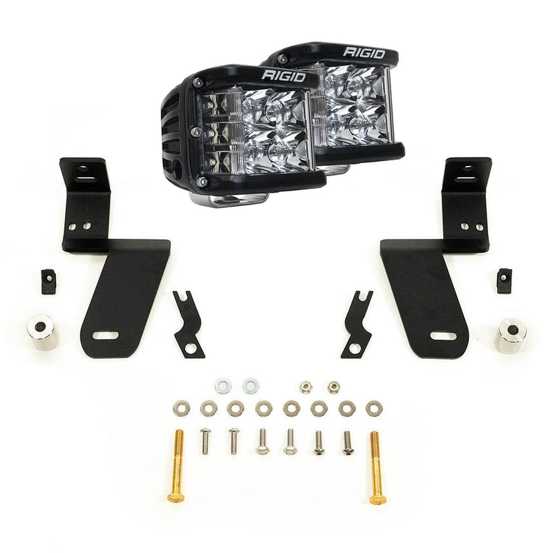 Rigid D-SS Spot A-Pillar Kit: two D-SS side-shooter cube lights, two black A-pillar mounting brackets with bolts, washers and spacers, on white