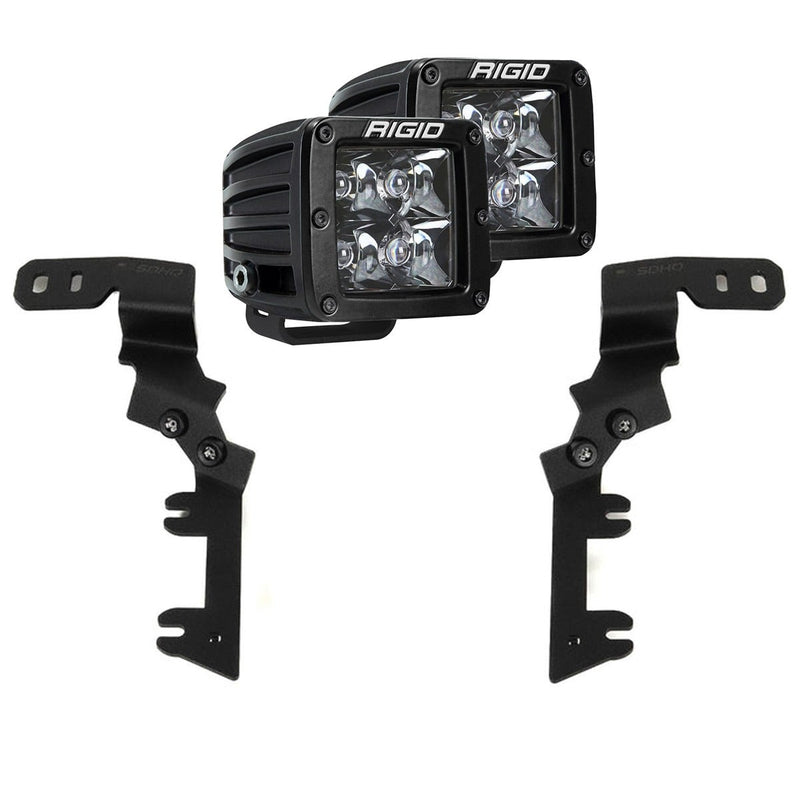 Rigid D-Series Spot Midnight A-Pillar Kit: two black D-Series cube lights and two black A-pillar mounting brackets, on white