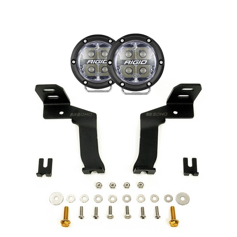 Rigid 360-Series Spot A-Pillar Kit: two round 360-Series spot lights, two black A-pillar brackets and hardware, on white