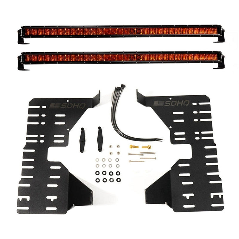 Rigid SR-Series 30" Amber PRO Behind the Grille Kit: amber-lens single-row LED light bar shown front and back, black grille mounting plates and hardware, on white