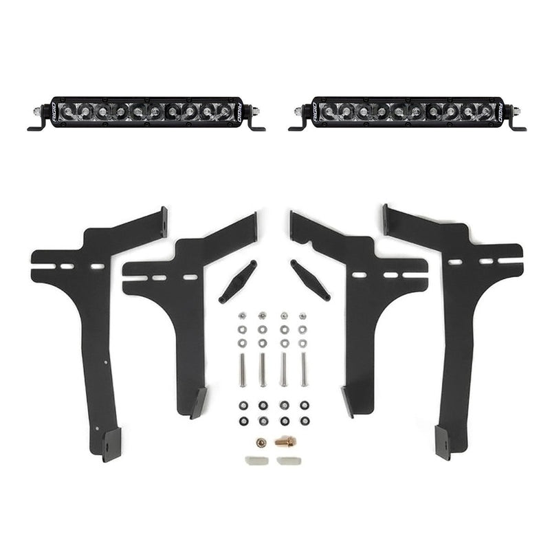 Rigid SR-Series 10" Spot Midnight Behind the Grille Kit: two short black-bezel single-row LED light bars, black grille brackets and hardware, on white