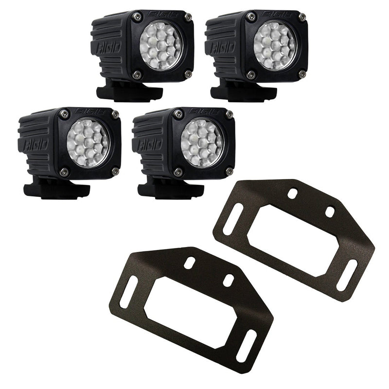 Rigid overland roof rack light kit: four Ignite cube pod lights and two black roof rack mounting plates, on white