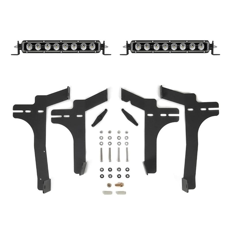 Rigid SR-Series 10" Radiance Behind the Grille Kit: two short single-row LED light bars, black grille brackets and hardware, on white