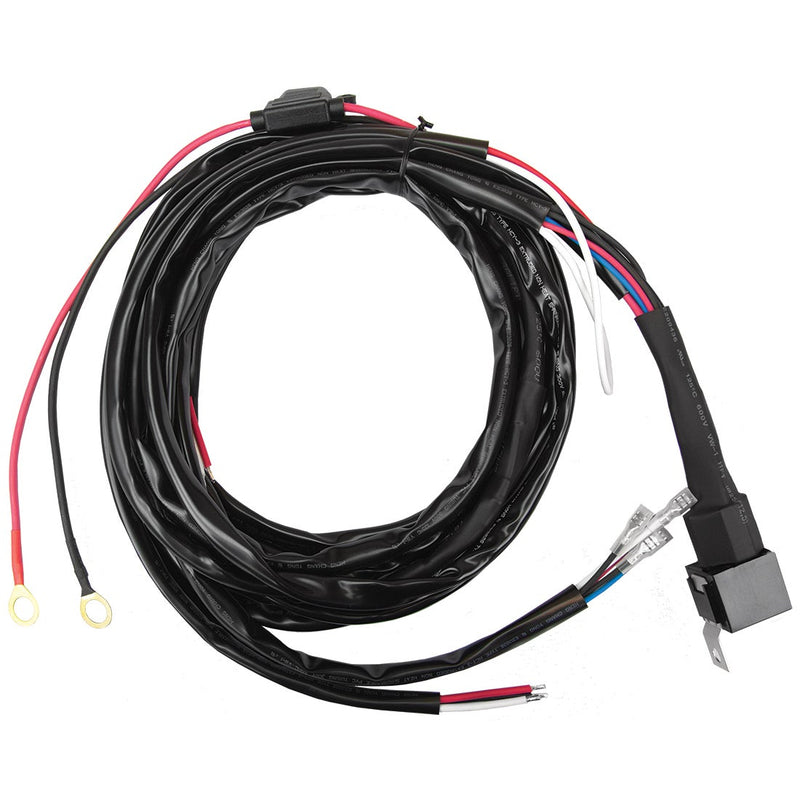Rigid Wire Harness for 3 Wire Light Pairs on a studio background: A coiled black wiring harness with a relay, inline fuse and ring terminals on a white background