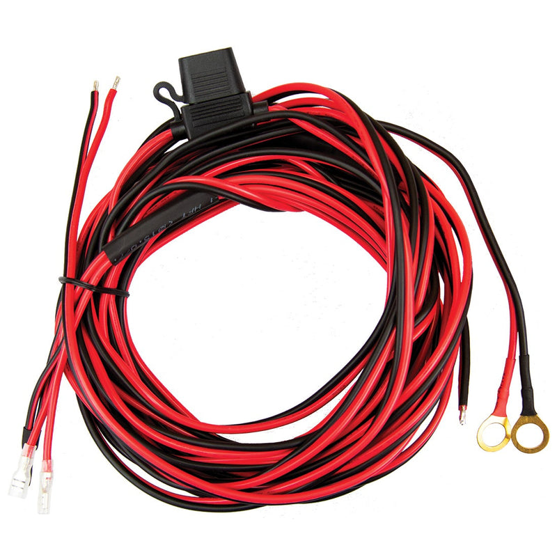 Rigid Wire Harness for SAE 360-Series on a studio background: A coiled red and black wiring harness with an inline fuse holder and ring terminals on a white background