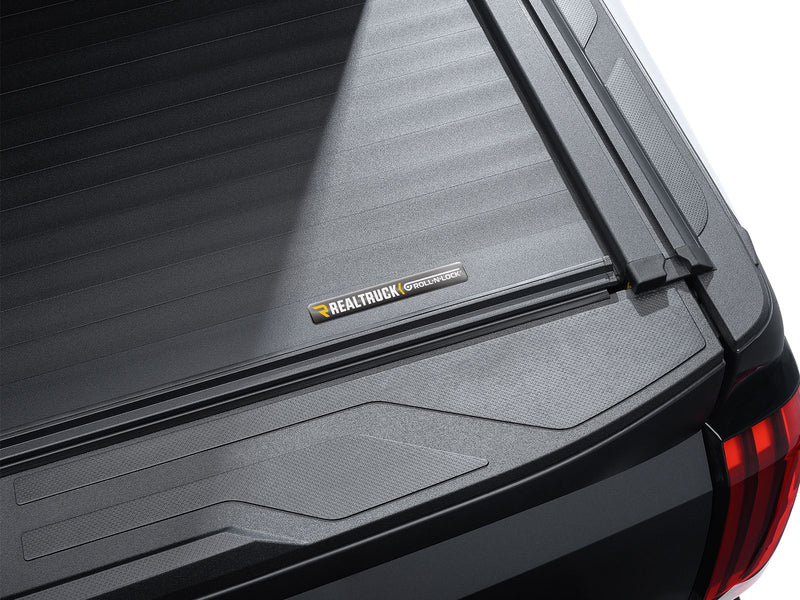 Roll-N-Lock A-Series XT closed slat surface with the manufacturer badge