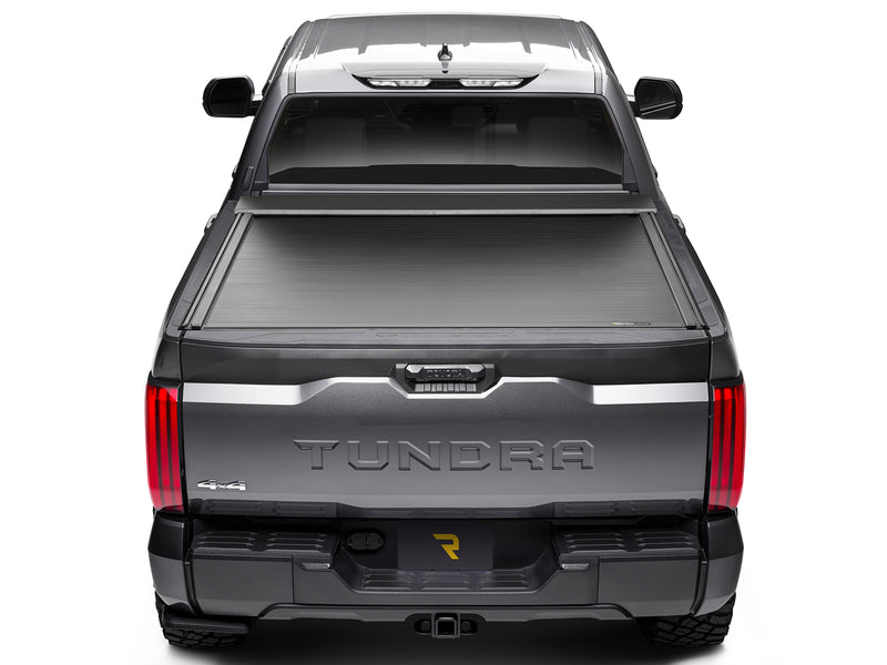 Roll-N-Lock E-Series XT closed, straight rear view with the tailgate up