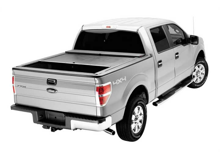 Roll-N-Lock M-Series closed on a silver 2009-2014 Ford F-150 crew cab, straight rear view