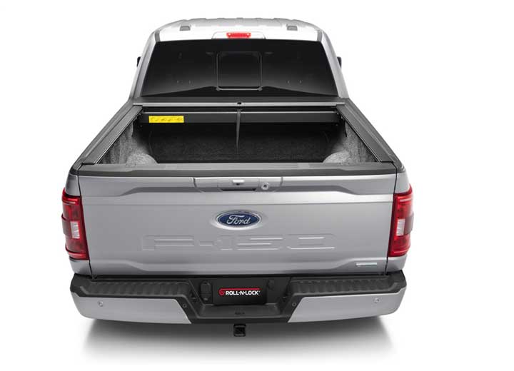 Roll-N-Lock M-Series open, straight rear view of a 2021 Ford F-150 showing the full bed