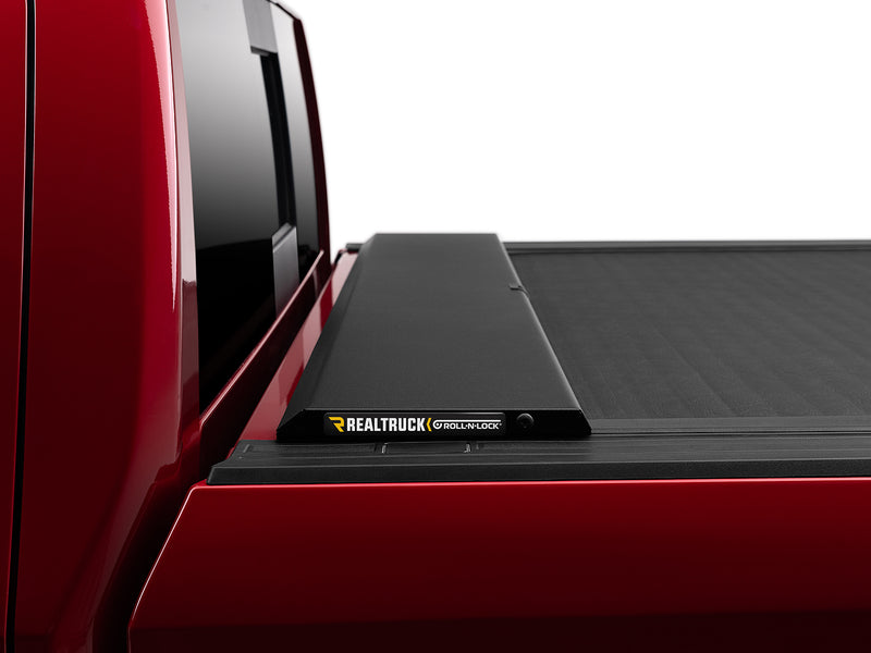 Roll-N-Lock M-Series closed, near view of the cover surface and bed rail