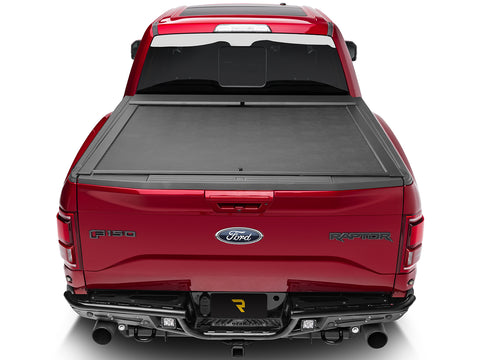 Roll-N-Lock M-Series fully closed, straight rear view with the tailgate up