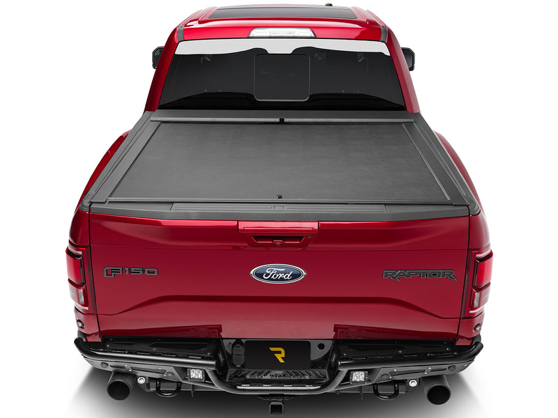 Roll-N-Lock M-Series fully closed, straight rear view with the tailgate up