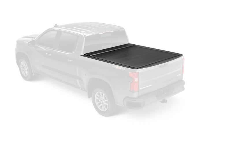 Roll-N-Lock E-Series ghosted illustration showing the electric cover installed on a pickup bed