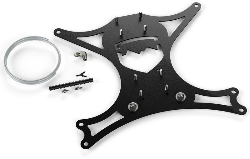 TeraFlex under-seat air compressor mount plate with hardware and hose clamp on a white background