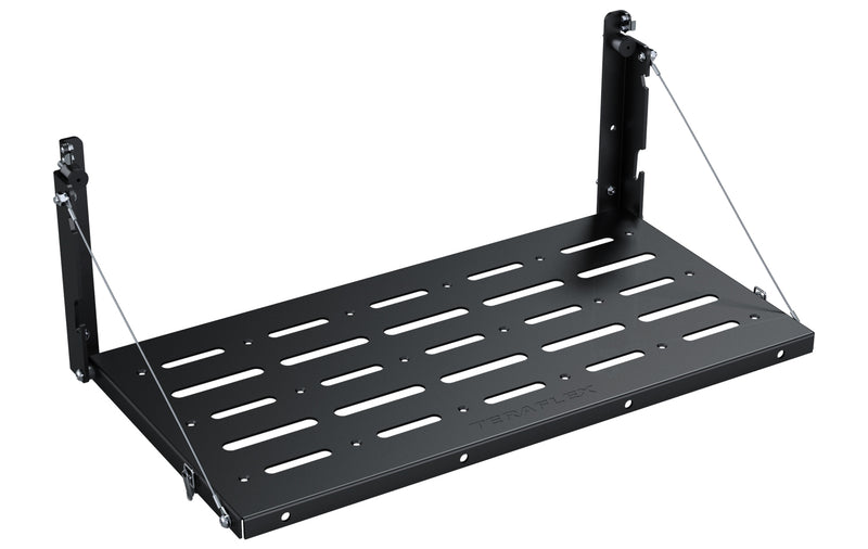 TeraFlex MP tailgate table without cutting board, folded down, on a white background