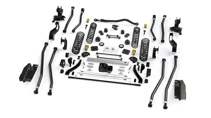TeraFlex Alpine Long Arm Suspension, shown on a studio background: exploded TeraFlex long-arm lift kit with long control arms, crossmember and coil springs on white