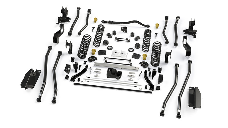 TeraFlex Alpine Long Arm Suspension, shown on a studio background: exploded TeraFlex long-arm lift kit with long control arms, crossmember and coil springs on white