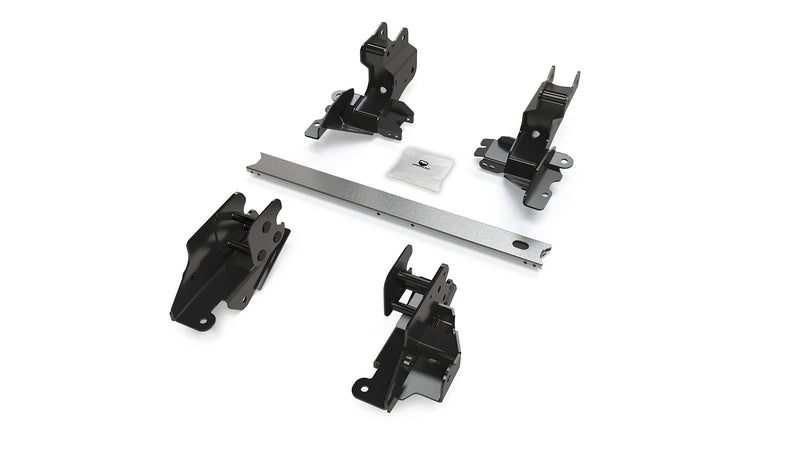 TeraFlex Alpine Long Arm Suspension, shown on a studio background: four black long-arm frame brackets with silver crossmember and hardware bag on white