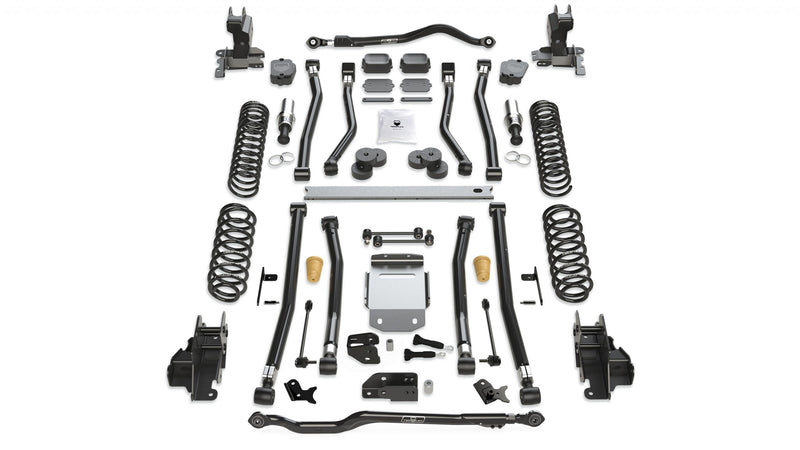 TeraFlex Alpine Long Arm Suspension, shown on a studio background: TeraFlex Alpine long-arm JL lift kit with springs, control arms, brackets, skid plate and two track bars on white