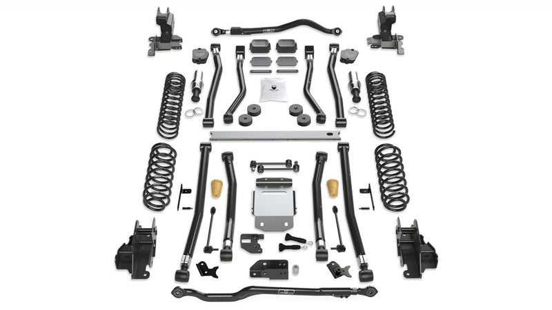 TeraFlex Alpine Long Arm Suspension, shown on a studio background: TeraFlex Alpine long-arm JL lift kit with springs, control arms, brackets, skid plate and two track bars on white
