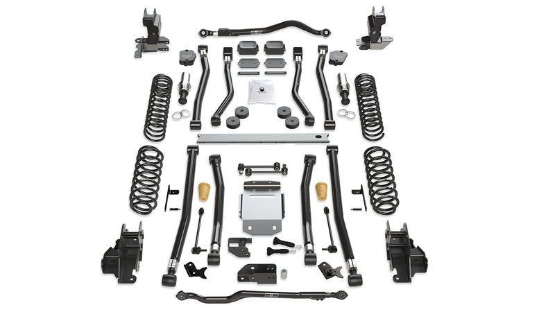 TeraFlex Alpine Long Arm Suspension, shown on a studio background: TeraFlex long-arm kit with two track bars, SpeedBump bumps, skid plate, brackets and springs on white